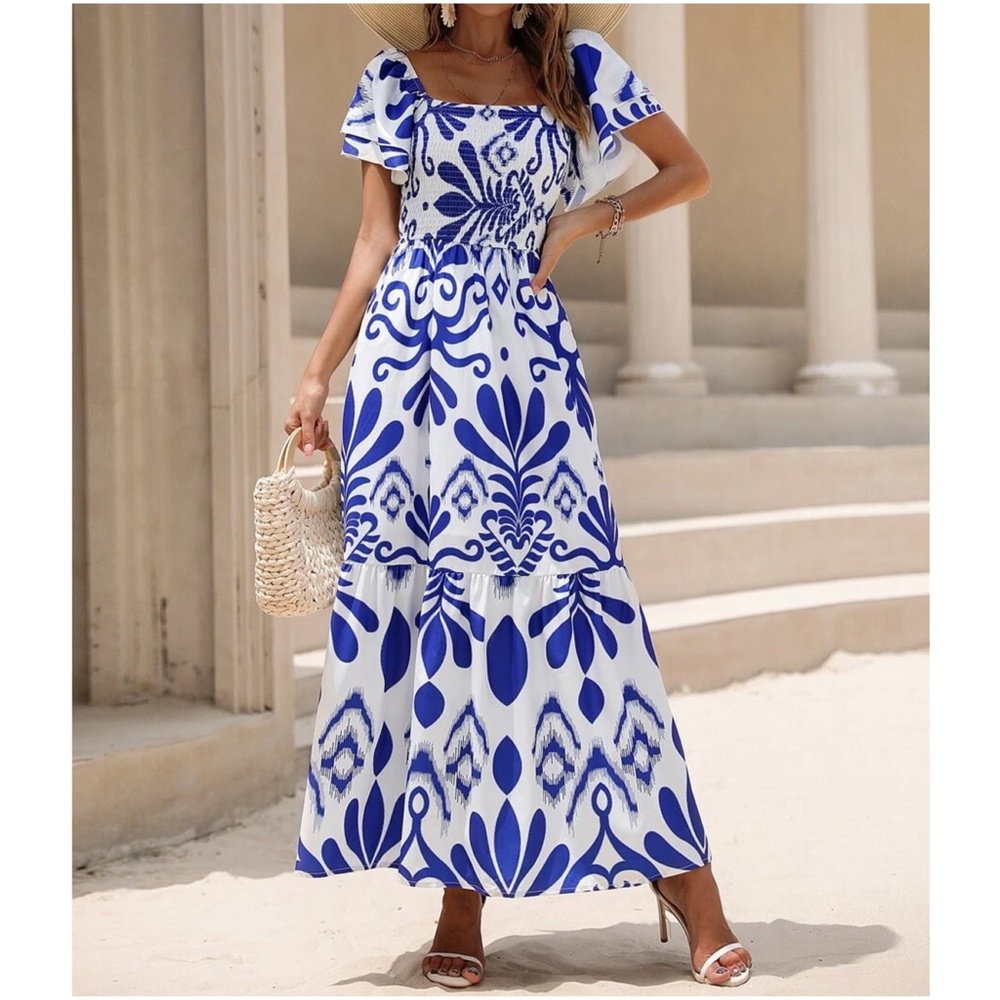 Boho Floral Print Shirred Butterfly Sleeve Dress - Picture 7 of 7